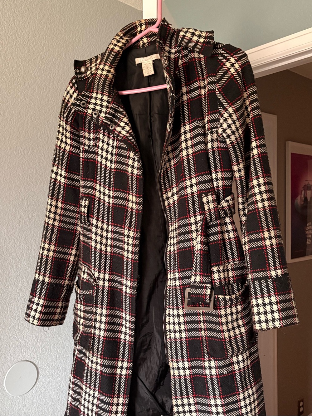 Charlotte Russe Black & White Plaid Trench Coat with Red Accents